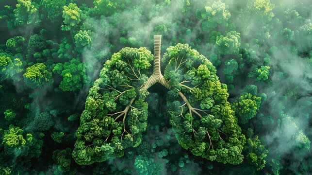 Green lung forest in a shape of lungs for a healthy environment and planet earth. Healthy lungs fresh air concept