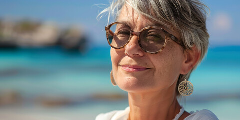 Portrait of 50 year old woman, blurred beach background
