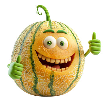 Smiling Cartoon Melon Giving Thumbs Up. A cheerful cartoon melon with big eyes, a wide smile, and green arms giving thumbs up, showcasing a friendly expression, isolated on a transparent background.