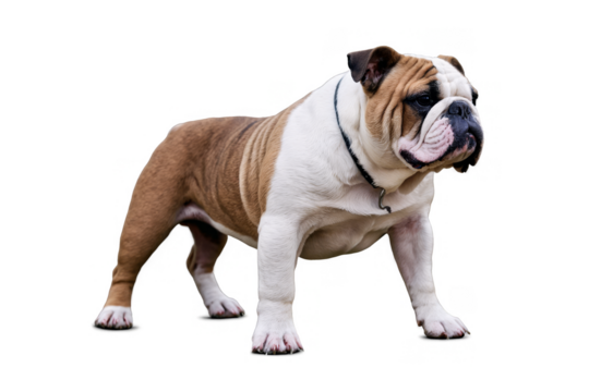 Robust English Bulldog standing confidently on a transparent, white background, in png format, good for pet projects