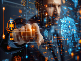 Fototapeta premium A business professional interacts with a futuristic virtual interface displaying holographic data elements, emphasizing global connectivity and advanced technology.