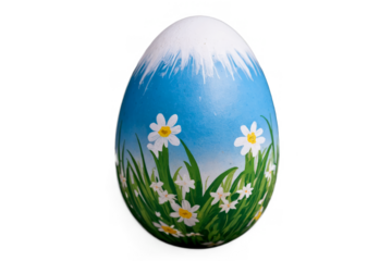Hand-painted Easter egg with a blue and white design and flowers on transparent, white background, png format