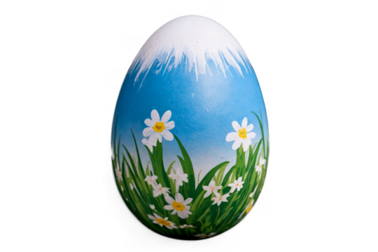 Hand-painted Easter egg with a blue and white design and flowers on transparent, white background, png format
