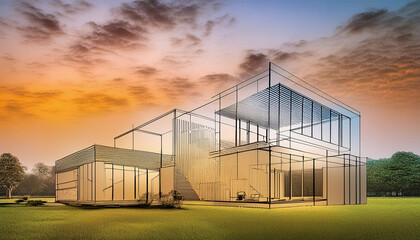Obraz premium A digital sketch of a modern house at sunset with transparent walls