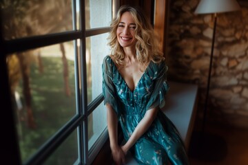 Naklejka premium Smiling Woman in Green Dress by the Window. Generative AI.