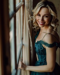 Smiling Woman in Green Dress by the Window. Generative AI.