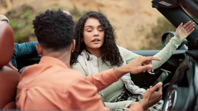 Car, phone and friends argue outdoor with direction, conflict or lost in the countryside together. Travel, stress or angry gen z people with smartphone, app or online research, map or road trip guide