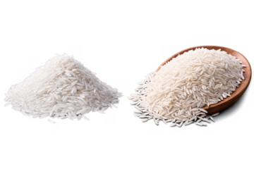 Heap of uncooked white rice with a wooden bowl, laid out on a transparent, white background for png usage