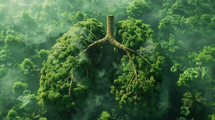 Green lung forest in a shape of lungs for a healthy environment and planet earth. Healthy lungs fresh air concept