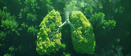 Green lung forest in a shape of lungs for a healthy environment and planet earth. Healthy lungs fresh air concept