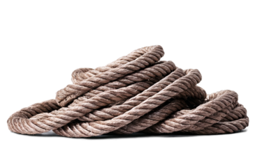 A coiled thick brown rope isolated on a transparent, white background, ideal for png format