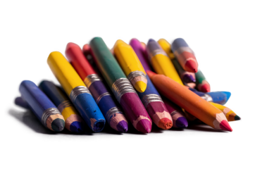 Vivid broken crayons on a transparent png with white background, depicting creativity and playfulness
