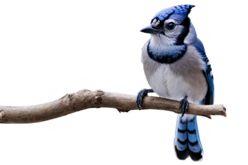 Stunning Blue Jay with vibrant feathers perched on a branch, isolated with a png, transparent, white background