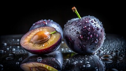 Damson with water droplets and half submerged in water on a black background - Generative AI