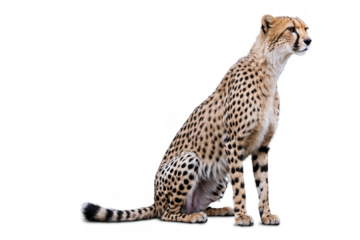 Full side view of a cheetah sitting elegantly, with a transparent, png look against a white background, clearly showcasing its spots and stature