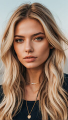 Stunning portrait of a beautiful woman influencer and model with blonde hair highlights