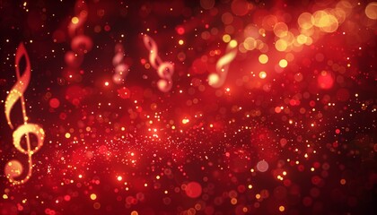 Abstract background with musical notes and glowing lights, on a red background,