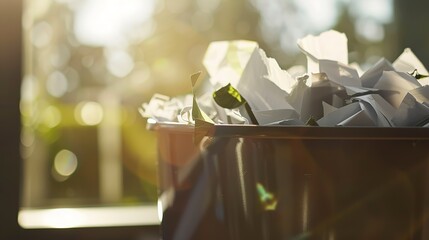 Individual recycling bin, close-up, high detail, filled with paper, morning light