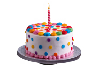 This vibrant birthday cake features a single lit candle, set against a transparent, white background in png format, ideal for festive designs