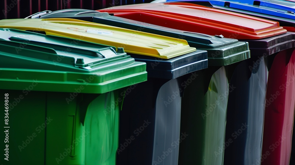 Wall mural Industrial waste bins lined up, detailed close shot, vibrant, overcast lighting 