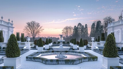 A luxurious white mansion's garden at twilight, featuring symmetrically arranged topiary and a marble fountain, all under a sky transitioning from blue to pink.