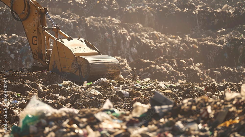 Canvas Prints Close-up of landfill operations, earthmoving equipment, sharp focus, harsh daylight 