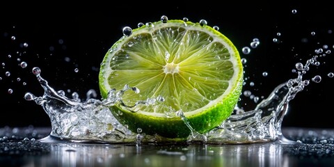 Half slice lime with water droplets and half submerged in water on a black background - Generative AI
