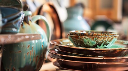 Close view of upcycled kitchenware, repurposed ceramics, vivid detail, natural light 