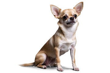 Obraz premium Cute small dog sitting with its ears perked up, png, transparent white background excluding the blurred face