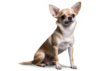 Cute small dog sitting with its ears perked up, png, transparent white background excluding the blurred face
