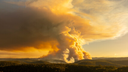 Drone aerial photograph of controlled bush fire hazard reduction burning by the Rural Fire Service in the Blue Mountains in NSW, Australia.