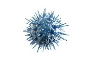 A detailed blue virus particle illustration with spikes, on a transparent, white background, ideal for educational png, transparent