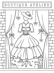 Coloring book dress shops, atelier, boutique. Coloring book for children, princess dress, shoes, hat, jewelry, mannequin, sewing workshop. Coloring page