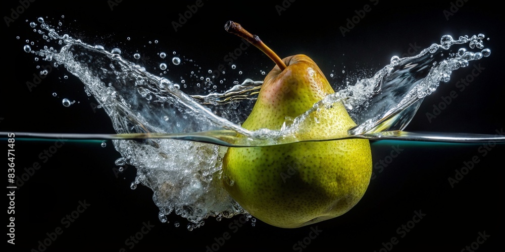 Wall mural A pear with water droplets and half submerged in water on a black background - Generative AI
