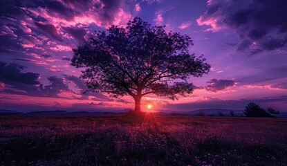 Beautiful purple sky at sunset with a tree in the foreground, landscape photography - Powered by Adobe