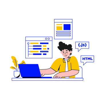 Vector of developer man developing program on him desk
