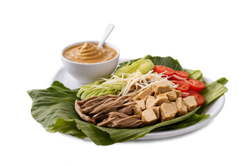 Thai cuisine peanut sauce with fresh vegetables, ideal for culinary themes Transparent, white background, png