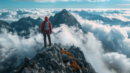 Man in red jacket standing on mountain peak above clouds. Aerial view of mountain climbing and adventure. - Powered by Adobe