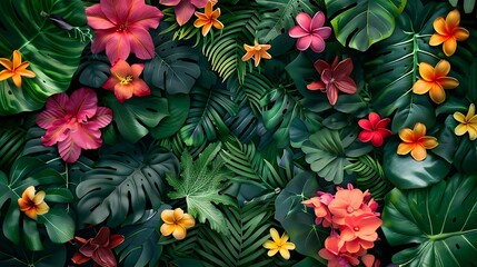 botanical background with colorful exotic flowers and leaves, including pink, red, orange, yellow, and pink - and - red flowers, as well as green leaves