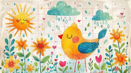 Colorful spring doodles set with flowers, sun, bird, and a cloud with rain, all on a cute, playful background.