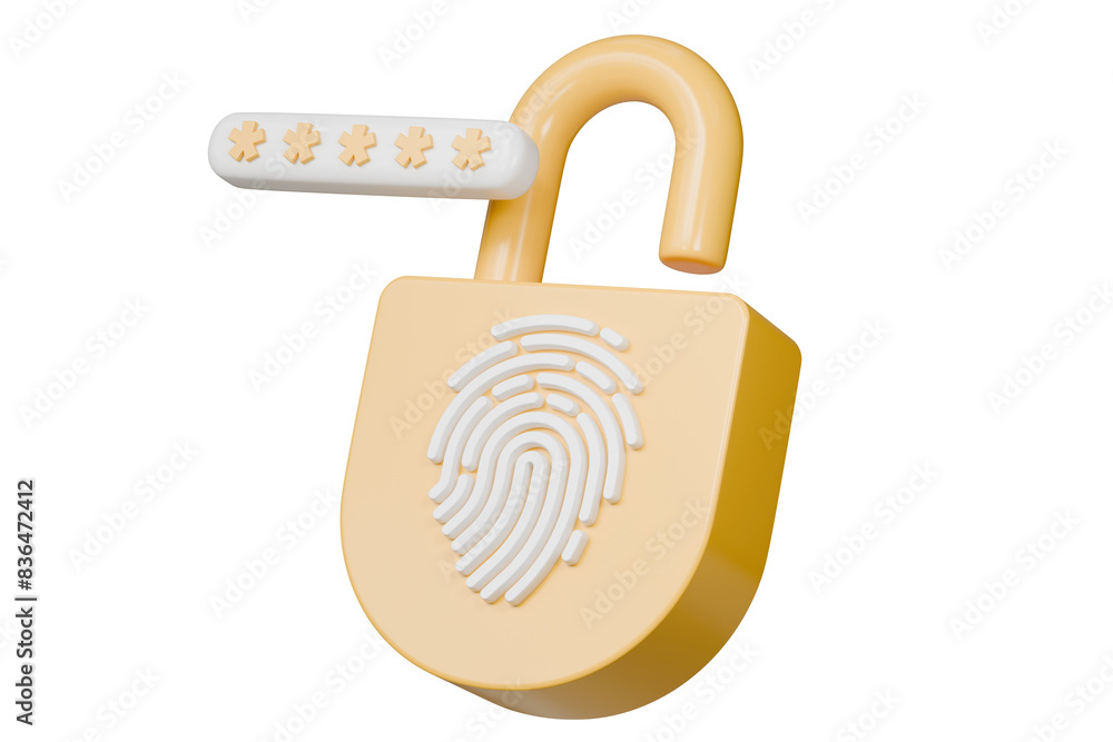 Aufkleber 3d fingerprint yellow padlock icon isolated on blue background. biometric verification. touch id fin