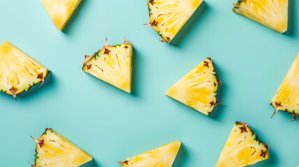 multiple pineapple wedges arranged on teal background