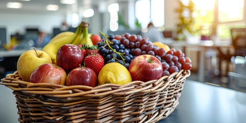 A delightful wicker basket filled with a wide variety of fresh fruits including apples, bananas, strawberries, grapes, and lemons, resting on a table in a bright and modern office setting