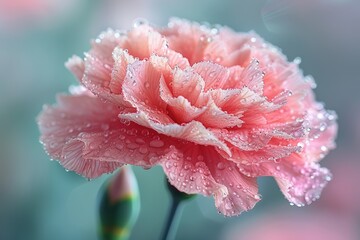 Delicate pink flower covered in dewdrops captures nature's beauty and serenity with its intricate petals and fresh, morning ambiance