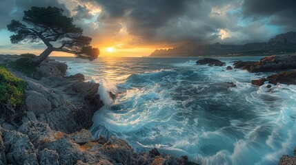 A stunning panoramic coastal scene showing a rugged rocky shoreline with crashing waves, a leaning tree, and a breathtaking sunset sky - Powered by Adobe