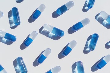 focus on blue and white capsules pill spread on white background with shadow
