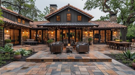 Elegant rustic modern house with warm outdoor lighting and spacious patio featuring seating areas, dining table, and lush greenery in a serene setting
