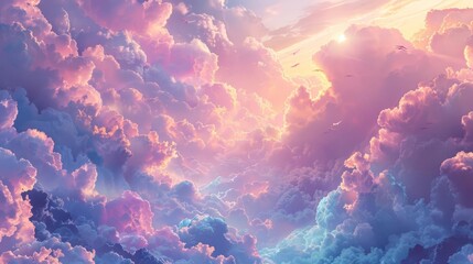 Illustrate a birds-eye view of a fantastical dream realm enveloped in swirling pastel clouds, where mythical creatures roam a mystical forest