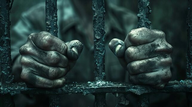 Illustrate a close-up of a prisoners hands gripping prison bars, showcasing desperation in monochromatic tones with a gritty, textured feel