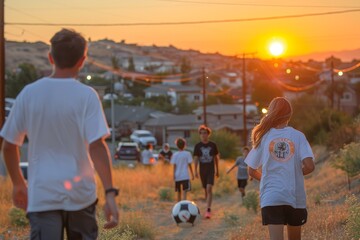 Naklejka premium A group of children playing soccer outdoors in a suburban neighborhood during sunset, capturing the joy and energy of an evening game in a vast open field